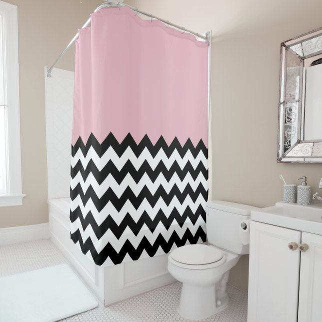 Black and White Zigzag Pattern, Chevron, Pink Shower Curtain (In Situ)