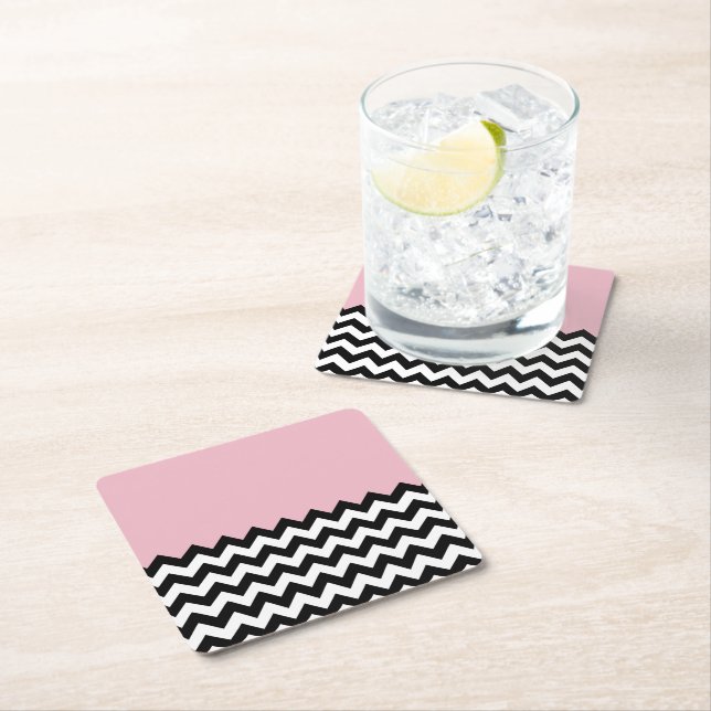 Black and White Zigzag Pattern, Chevron, Pink Square Paper Coaster (Insitu)