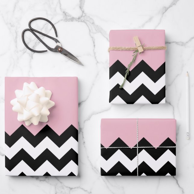 Black and White Zigzag Pattern, Chevron, Pink Wrapping Paper Sheet (Front)