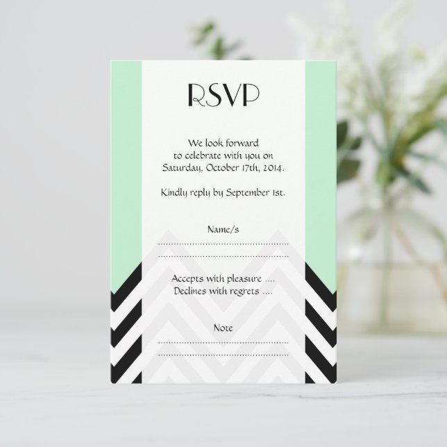 Black and White Zigzag Pattern, Green, Wedding RSVP Card (Standing Front)