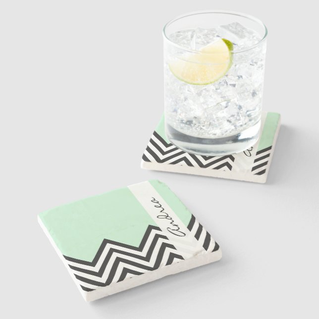 Black and White Zigzag Pattern, Green, Your Name Stone Coaster (Side)