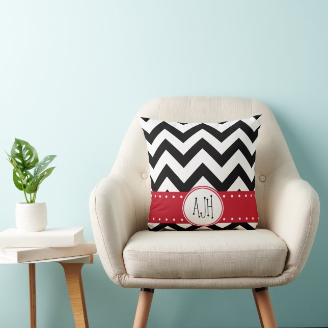 Black and White Zigzag Pattern, Monogram Cushion (Chair)