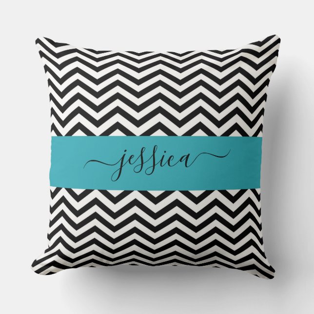 Black and White zigzag Personalised Throw Pillow (Front)