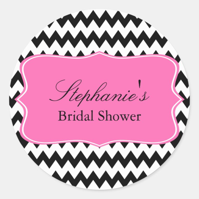 Black and White Zigzag with Hot Pink Bridal Shower Classic Round Sticker (Front)