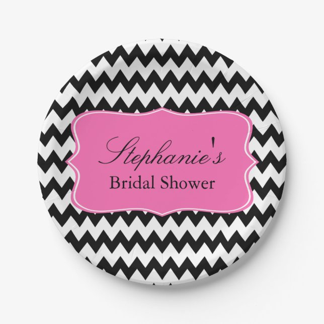 Black and White Zigzag with Hot Pink Bridal Shower Paper Plate (Front)