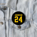 Black and Yellow Athlete Name Jersey Number 7.5 Cm Round Badge<br><div class="desc">Cheer on your favourite sports team, football player or just show off your school pride with a custom personalised spirit button! Add your school name or personalise with a player's name and jersey number. Perfect for football, basketball, baseball and soccer games! Create custom pins for the whole team, cheerleaders, parents...</div>