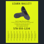 Black and Yellow Ballet Dance Tear Off Strips Flyer<br><div class="desc">Promote your dance school or ballet lessons with this flyer that features an illustration of a pair of ballet shoes in charcoal grey and black with black lettering against a bright and eye-catching yellow background. It's easy to personalise these flyers with all of your information. The tear-off strips or pull...</div>