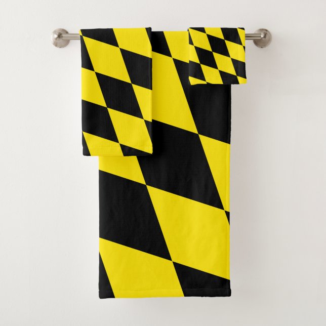Black and Yellow Bavaria Diamond Flag Pattern Bath Towel Set (Insitu)