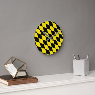 Black and Yellow Bavaria Diamond Flag Pattern Round Clock