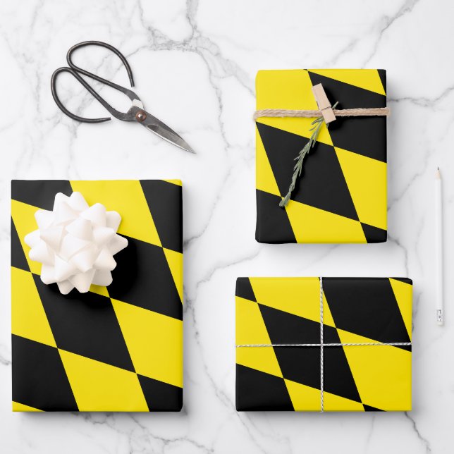 Black and Yellow Bavaria Diamond Flag Pattern Wrapping Paper Sheet (Front)