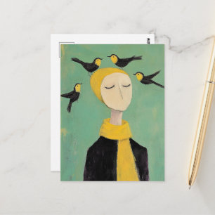 Black and Yellow Birds on Her Head Whimsy Painting Postcard