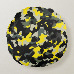 Black and Yellow Camouflage Pattern Round Cushion