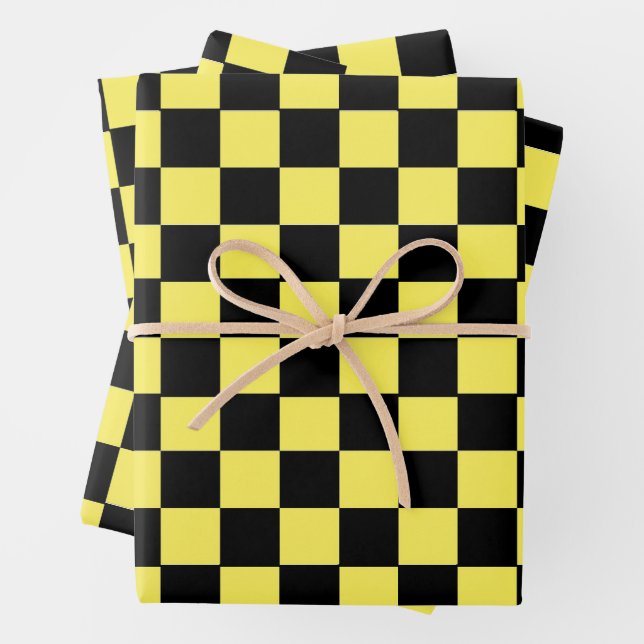 Black and Yellow Chequerboard Wrapping Paper Sheet (In situ)