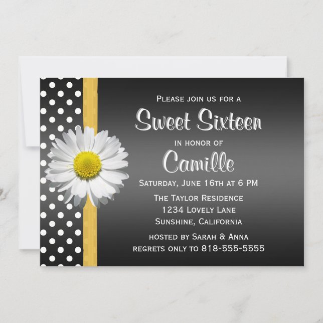 Black and Yellow Daisy Sweet Sixteen Invitation (Front)