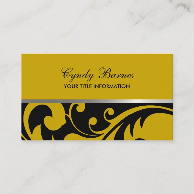 Black and Yellow Damask Business Card (Front)