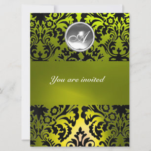 BLACK AND YELLOW DAMASK GEM STONE MONOGRAM INVITATION