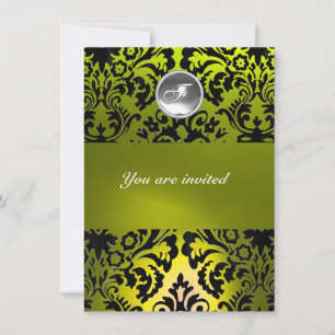 BLACK AND YELLOW DAMASK GEM STONE MONOGRAM INVITATION
