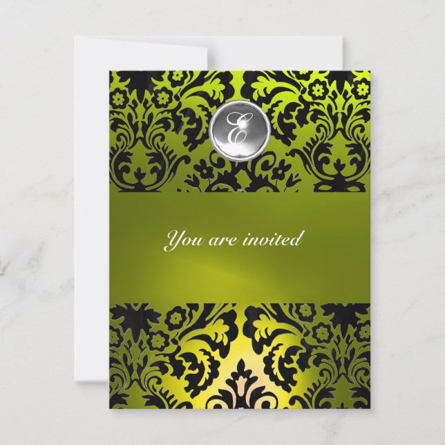 BLACK AND YELLOW DAMASK GEM STONE MONOGRAM INVITATION (Front)
