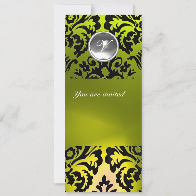 BLACK AND YELLOW DAMASK GEM STONE MONOGRAM INVITATION (Front)