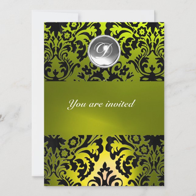 BLACK AND YELLOW DAMASK GEM STONE MONOGRAM INVITATION (Front)