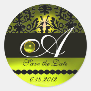 BLACK AND YELLOW DAMASK MONOGRAM, Topaz Classic Round Sticker