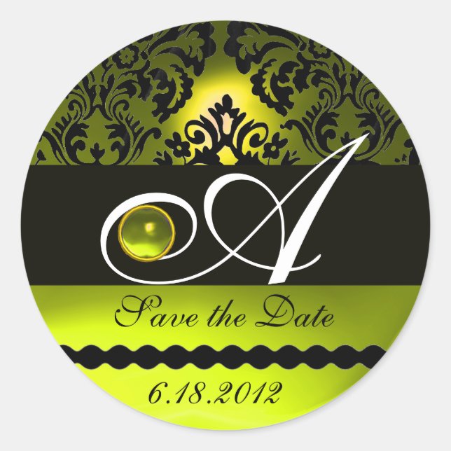 BLACK AND YELLOW DAMASK MONOGRAM, Topaz Classic Round Sticker (Front)