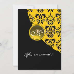 BLACK AND YELLOW DAMASK MONOGRAM,topaz Invitation