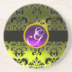 BLACK AND YELLOW DAMASK Purple Amethyst Monogram Coaster