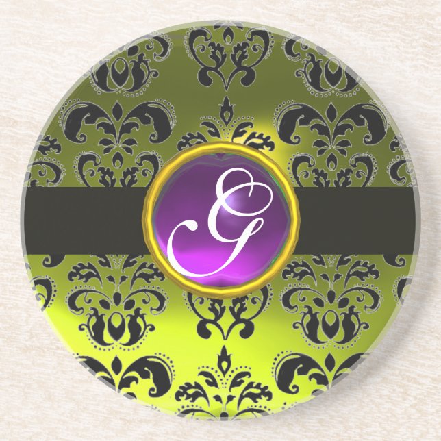 BLACK AND YELLOW DAMASK  Purple Amethyst Monogram Coaster (Front)
