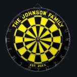 Black and Yellow Family Dartboard with Darts<br><div class="desc">Black and yellow dart board with two custom text areas. Great wedding gift!</div>