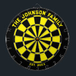 Black and Yellow Family Dartboard with Darts<br><div class="desc">Black and yellow dart board with two custom text areas. Great wedding gift!</div>