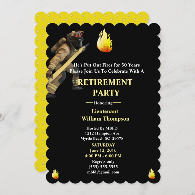Black and Yellow Firefighters Retirement Party  Invitation (Front/Back)