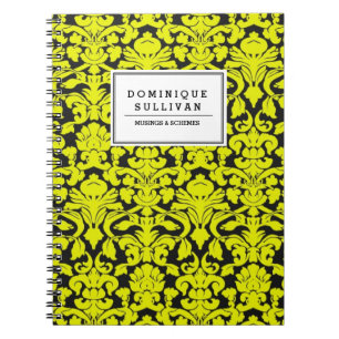 Black and Yellow Floral Damask Personalised Notebook