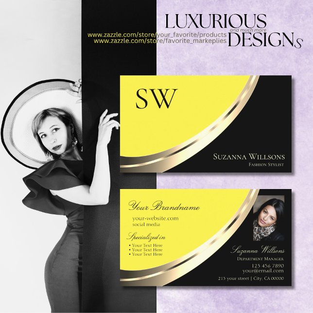 Black and Yellow Gold Decor with Monogram & Photo Business Card (Creator Uploaded)