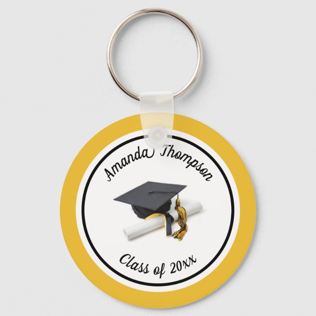 Black and Yellow Graduation Cap and Tassel Key Ring (Front)