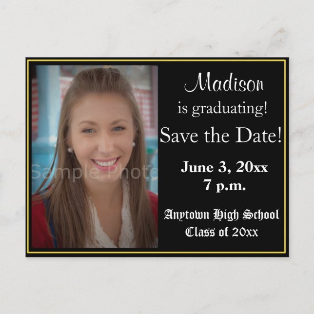 Black and Yellow Graduation Save the Date Card (Front)