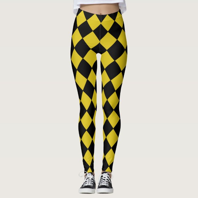 Black and Yellow Harlequin Diamond Checked Pattern Leggings (Front)