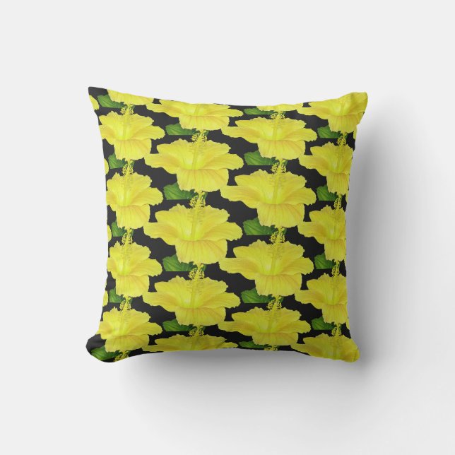 Black and Yellow Hibiscus Tropical Flower Cushion (Front)