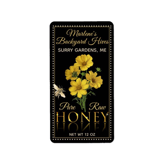 Black and Yellow Honey Label for 12 oz Hexagon Jar (Front)
