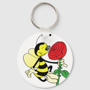Black and yellow hornet wasp bee with a red rosE Key Ring