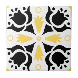 Black and Yellow Intricate Floral pattern Ceramic Tile