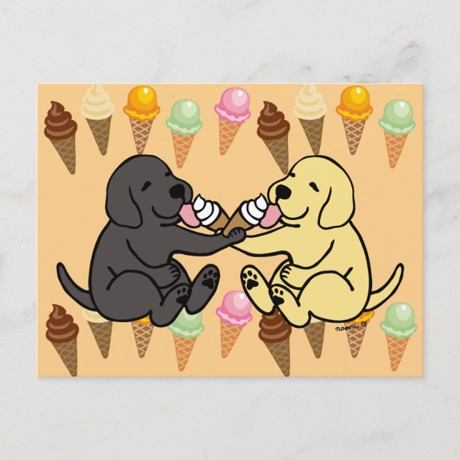 Black and Yellow Labradors Sharing Ice Cream Postcard (Front)