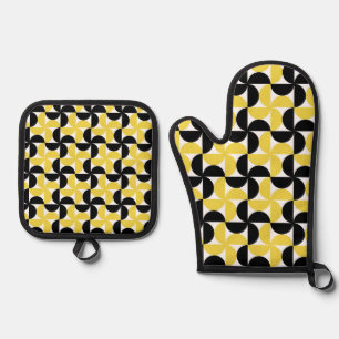 Black and Yellow Mid Century Modern Pattern Oven Mitt & Pot Holder Set