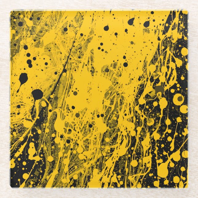 Black and Yellow Paint Splashes Glass Coaster (Front)