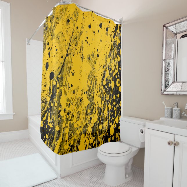 Black and Yellow Paint Splashes Shower Curtain (In Situ)