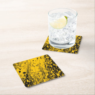Black and Yellow Paint Splashes Square Paper Coaster