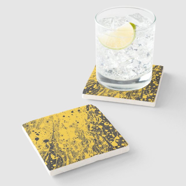Black and Yellow Paint Splashes Stone Coaster (Side)