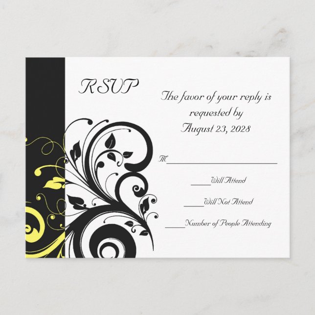 Black and Yellow Reverse Swirl Invitation Postcard (Front)