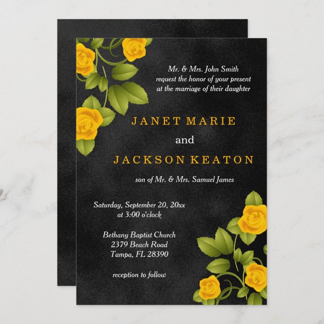 Black and Yellow Rose Flower Wedding Invitation (Front/Back)