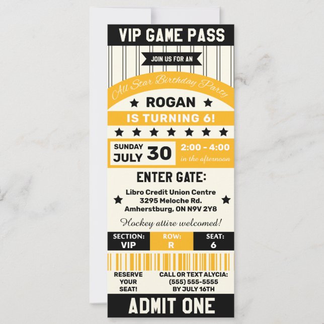 Black and Yellow Sports Team Ticket Birthday Party Invitation (Front)